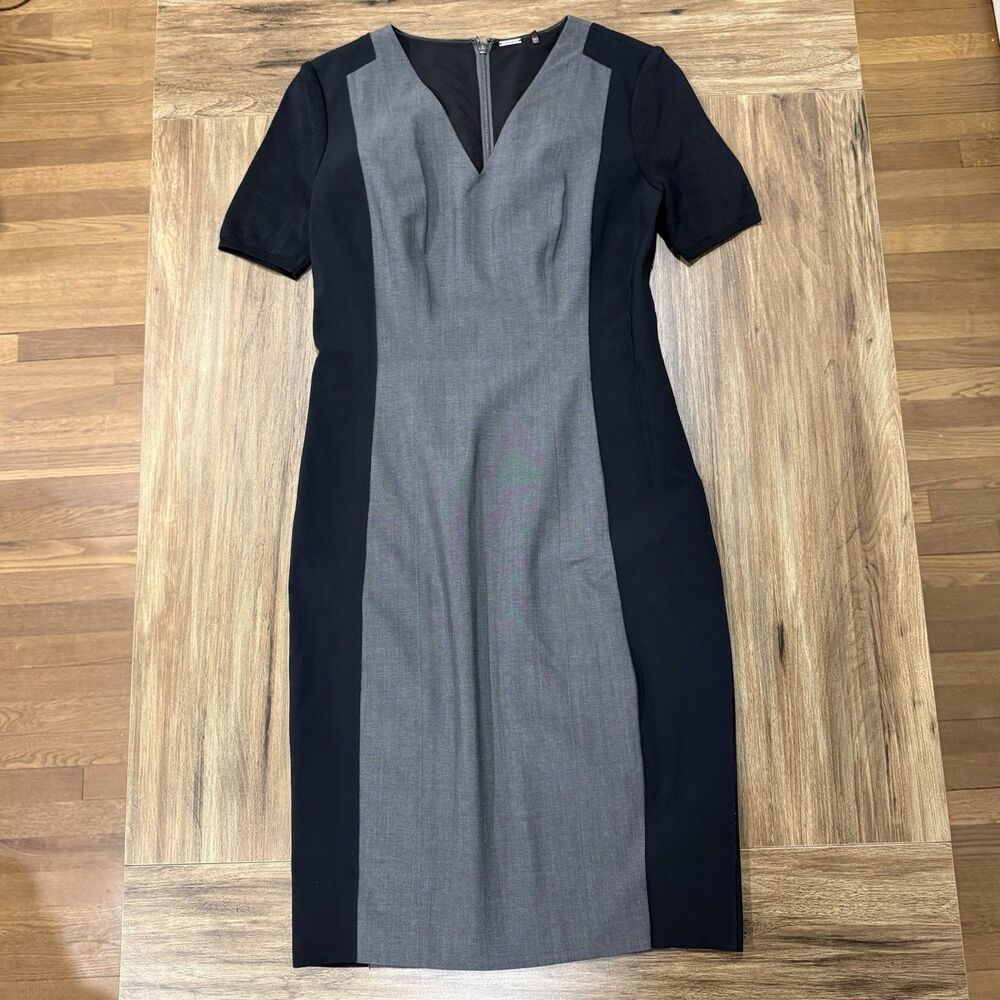 Elie Tahari Gray & Black Sheath Wool Pencil V-Neck Short Sleeves Dress Size 6